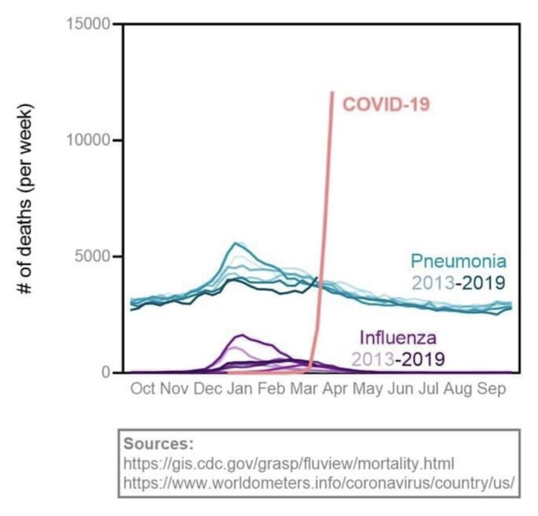 Graph: Deaths per week for pneumonia, flu, and COVID-19